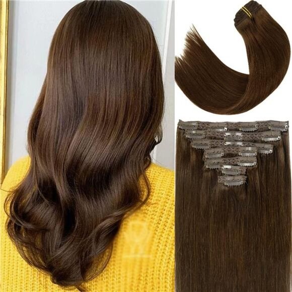 Hair Extensions Clip in Human Hair 120g 7 pcs Chocolate Brown #4 14" for Women - Picture 1 of 6
